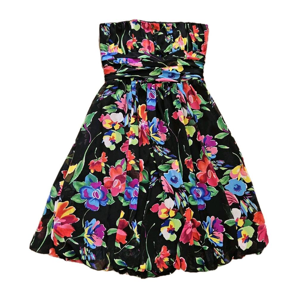 Vtg Floral Strapless Dress Womens L Multicolor Bubble Hem Y2K Fairy Grunge Punk
